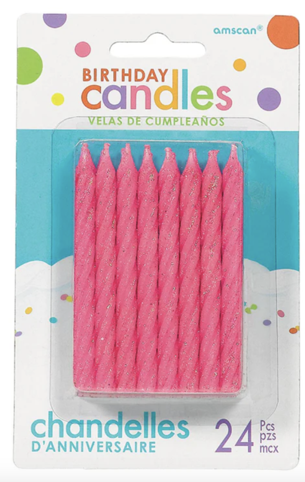 Birthday Candle – Large Pink Glitter Spiral ~ 24 per pack